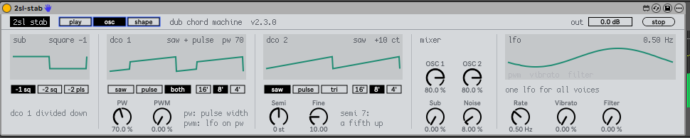 2sl stab's osc page. Sub: a square one octave down, divided down from dco 1. Dco 1: saw plus pulse at 70% pulse width, 8 foot. Dco 2: saw, 8 foot, 0 semitones, 10 cents up. Mixer: osc 1 and osc 2 at 80%, sub at 0, noise at 8%. Lfo: a sine wave at 0.50 Hz, vibrato and filter at 0, one lfo for all voices.
