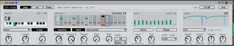 2sl stab's play page: a C# minor chord on a lit keyboard, a 16-step pattern with A steps and throws latched on C#, the echo's last repeats, and the pump's duck curve.