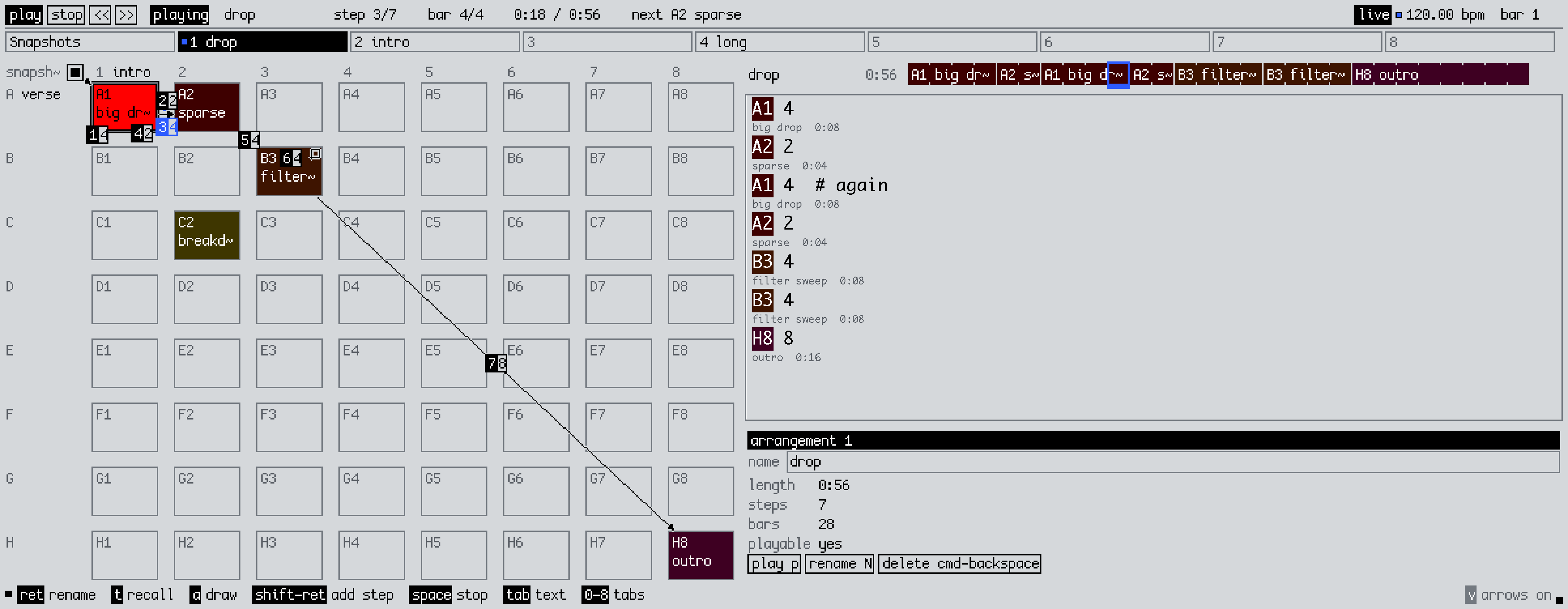 LPX Grid playing an arrangement: numbered arrows with bar counts across an 8 by 8 grid of snapshots, with a timeline beside it.
