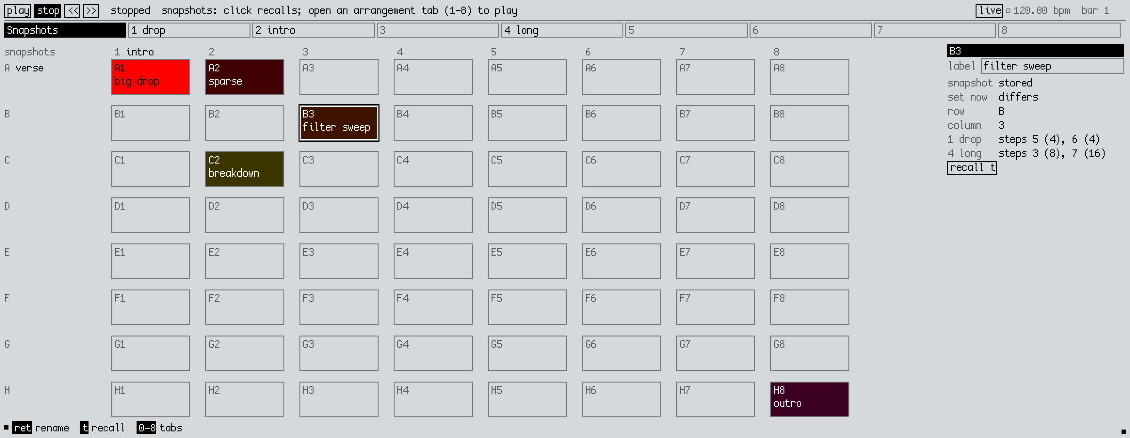 LPX Grid's Snapshots tab: rows A to H, columns 1 to 8, a few named, coloured snapshots, and an inspector on B3 listing the arrangement steps that use it.