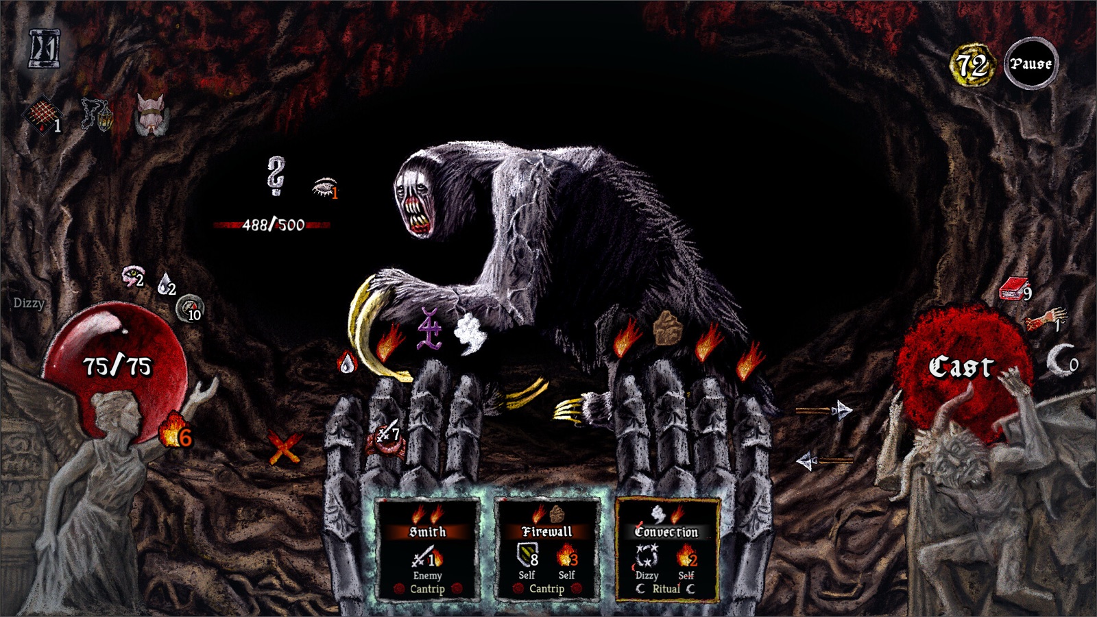 Pluto in play: a pale clawed creature in a cave of red roots, three fire spell cards held in stone hands.