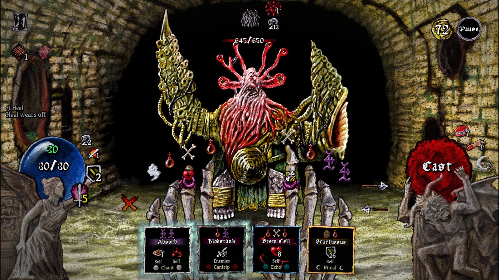 Pluto in play: a hand-drawn tentacled monster in a stone sewer tunnel, skeletal hands holding four spell cards, a blue health orb and a red cast button.