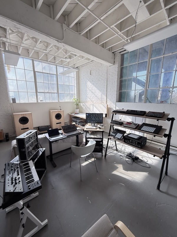 The full height of the room: white trusses, two banks of windows, and the tiered instrument stand side-on.